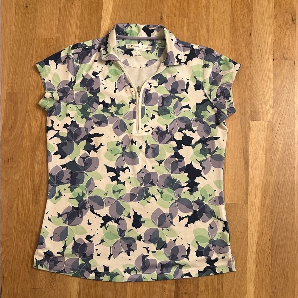 Pebble Beach Floral White Green Purple Short Sleeve Golf Top Women’s Size Medium - Picture 13 of 15